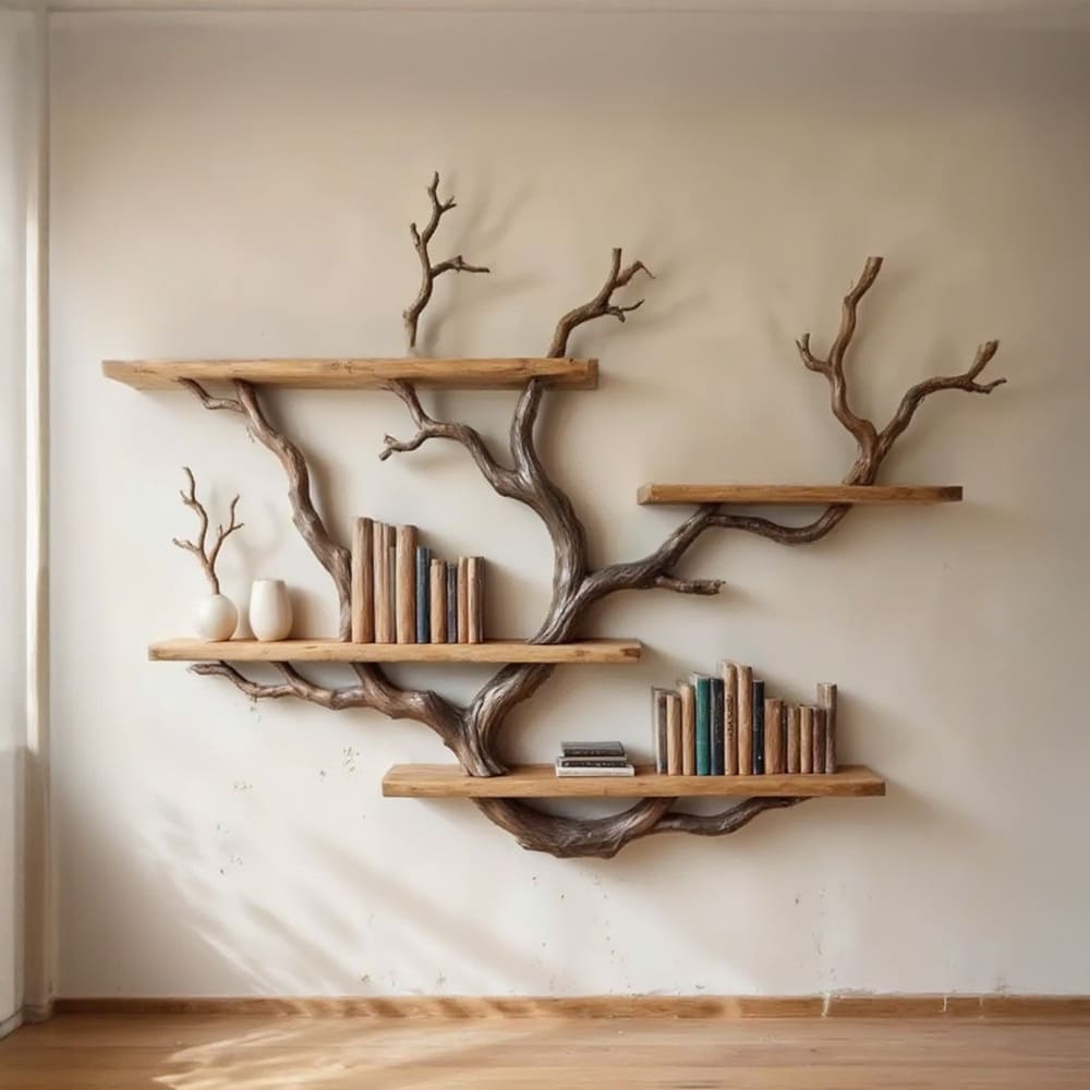 Floating tree branch bookshelves wall mount driftwood branch solid wood bookshelf decor for living room