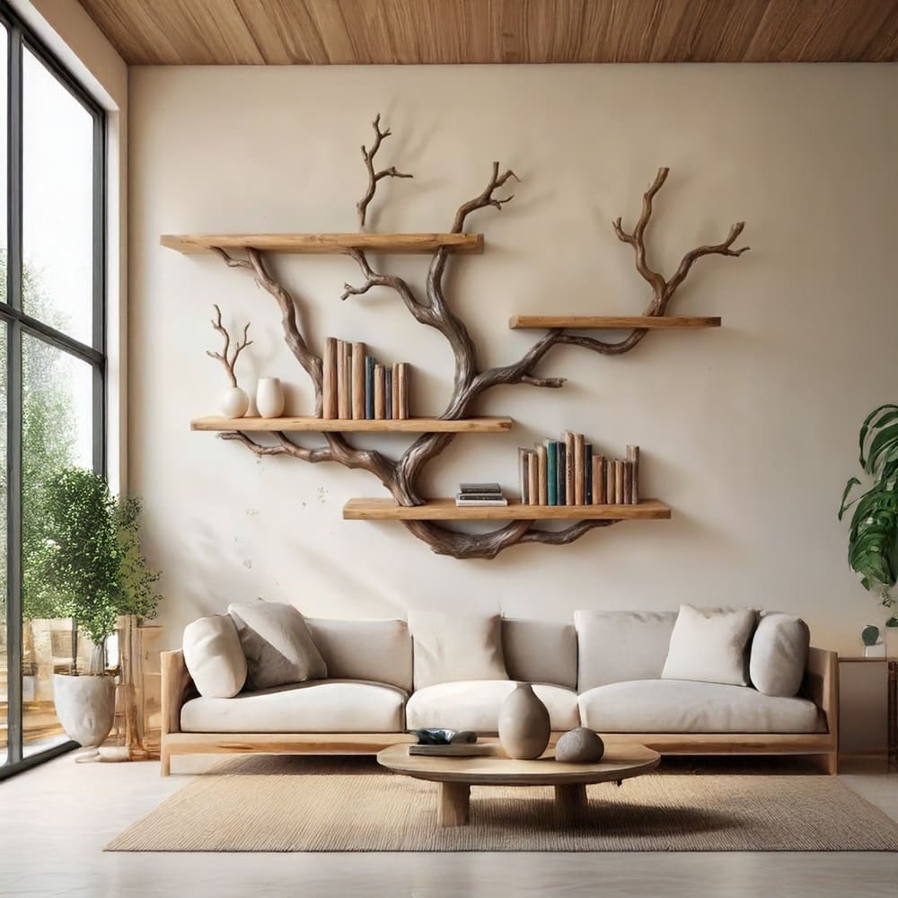 Floating tree branch bookshelves wall mount driftwood branch solid wood bookshelf decor for living room