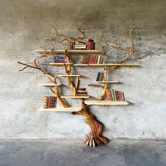 Solid wood bookcase tree branch bookshelf modern wall mounted wooden shelving unit for home decor