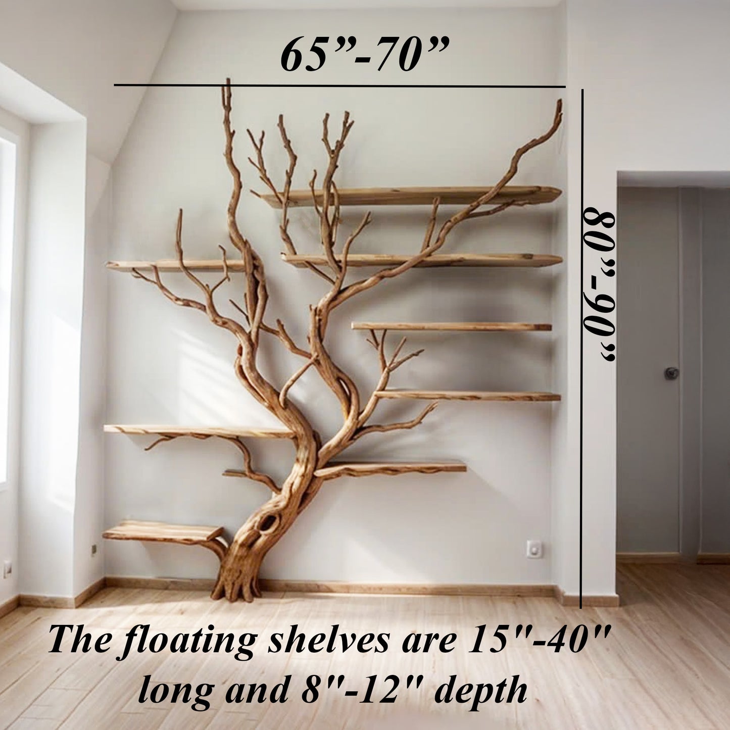 Tree Branch Floating Bookshelf Decor on Wall Mount Bookcase Solid Wood