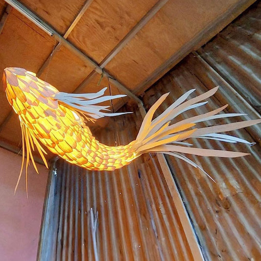 Large fish rattan pendant light shade hanging lamp plug in wood veneer art