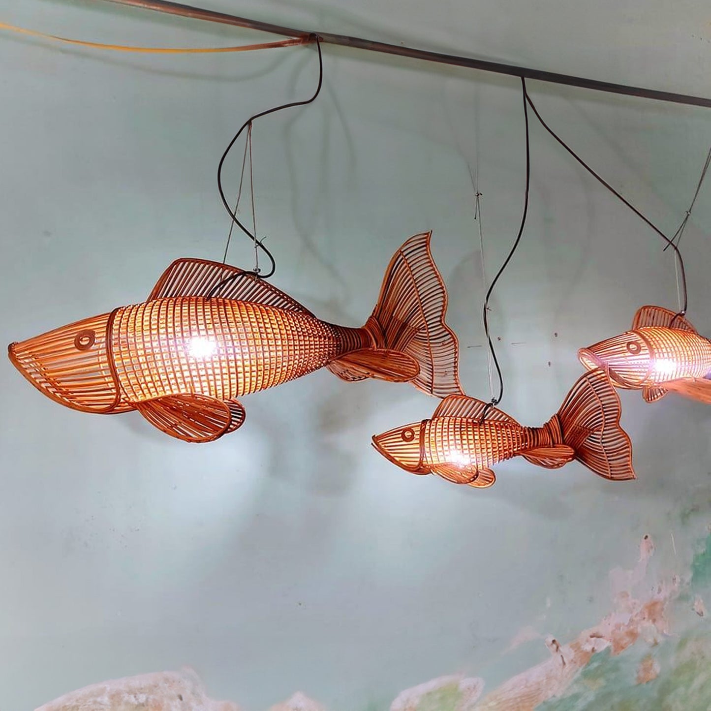 Rattan fish pendant light wicker chandelier lighting for home decor