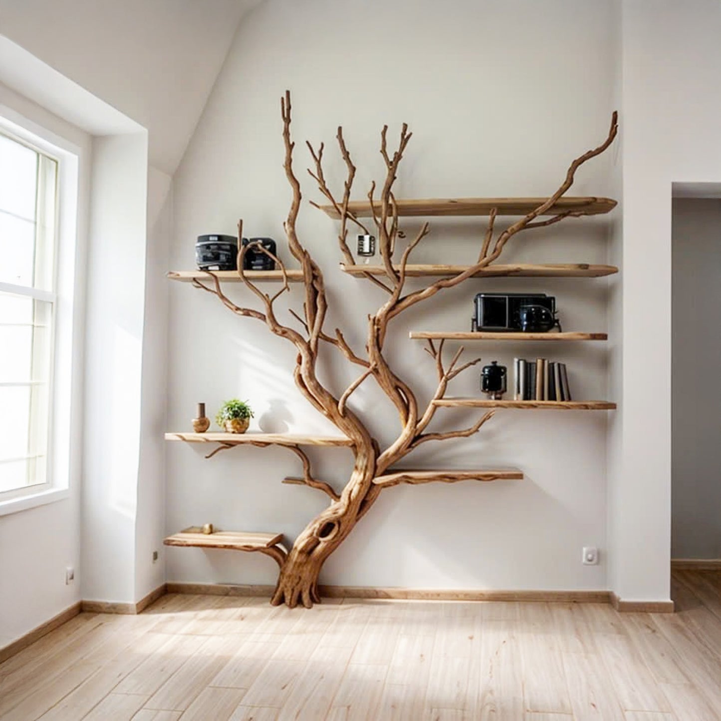 Tree Branch Floating Bookshelf Decor on Wall Mount Bookcase Solid Wood