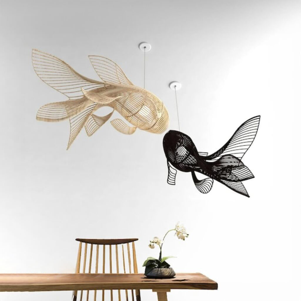 Fish lampshade wicker chandelier black rattan ceiling light 9