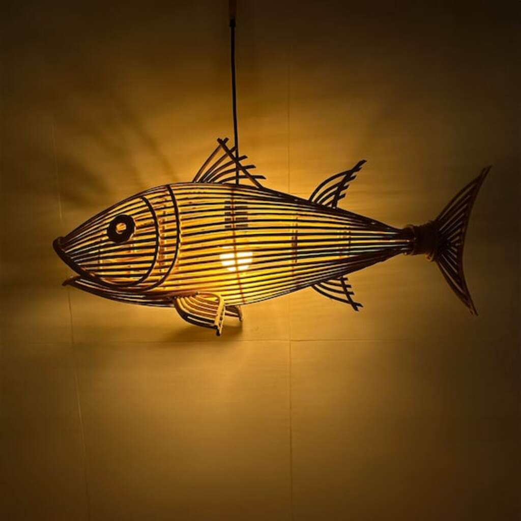 Fish pendant light rattan chandelier lighting wicker art deco lamp shade 2