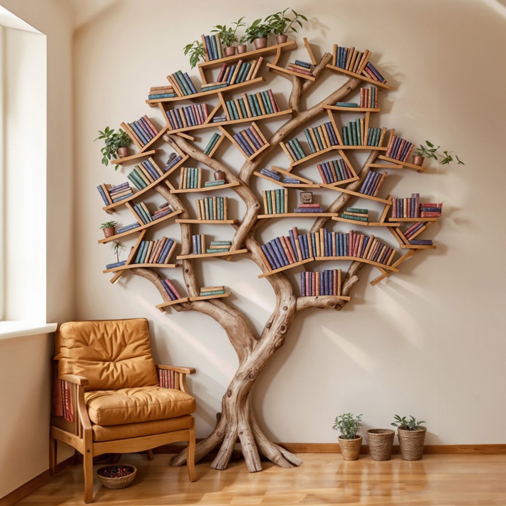 Tree bookshelf solid wood bookcase modern wall mounted wooden shelving unit floating wood shelves 28
