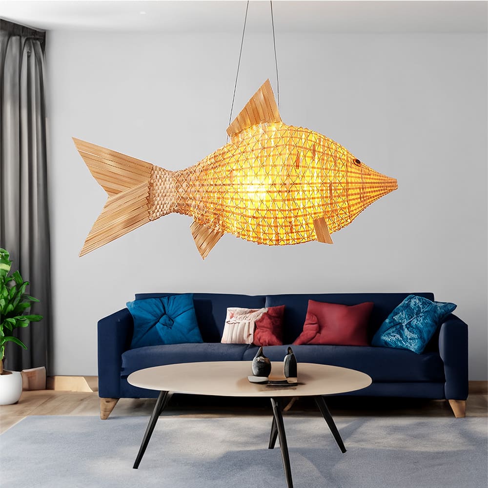 Fish hanging lamp rattan pendant light veneer chandelier lighting bamboo art 7