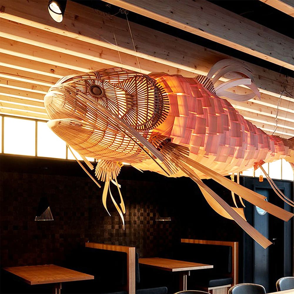 Fish lamp hanging wood pendant light veneer rattan chandelier lighting 7