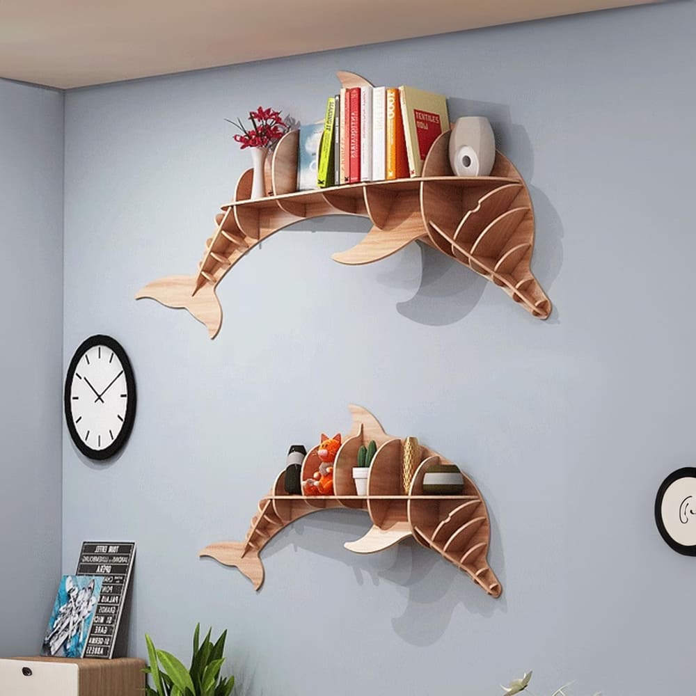 Wall mount bookshelf creative bookshelves dolphin wall art walnut floating shelf 2